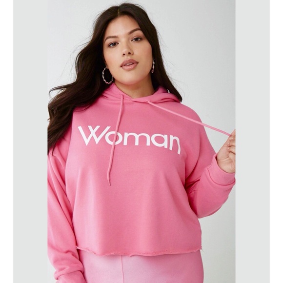 5/$20 Cropped bright pink “Woman” hoodie, size Small - Picture 4 of 6